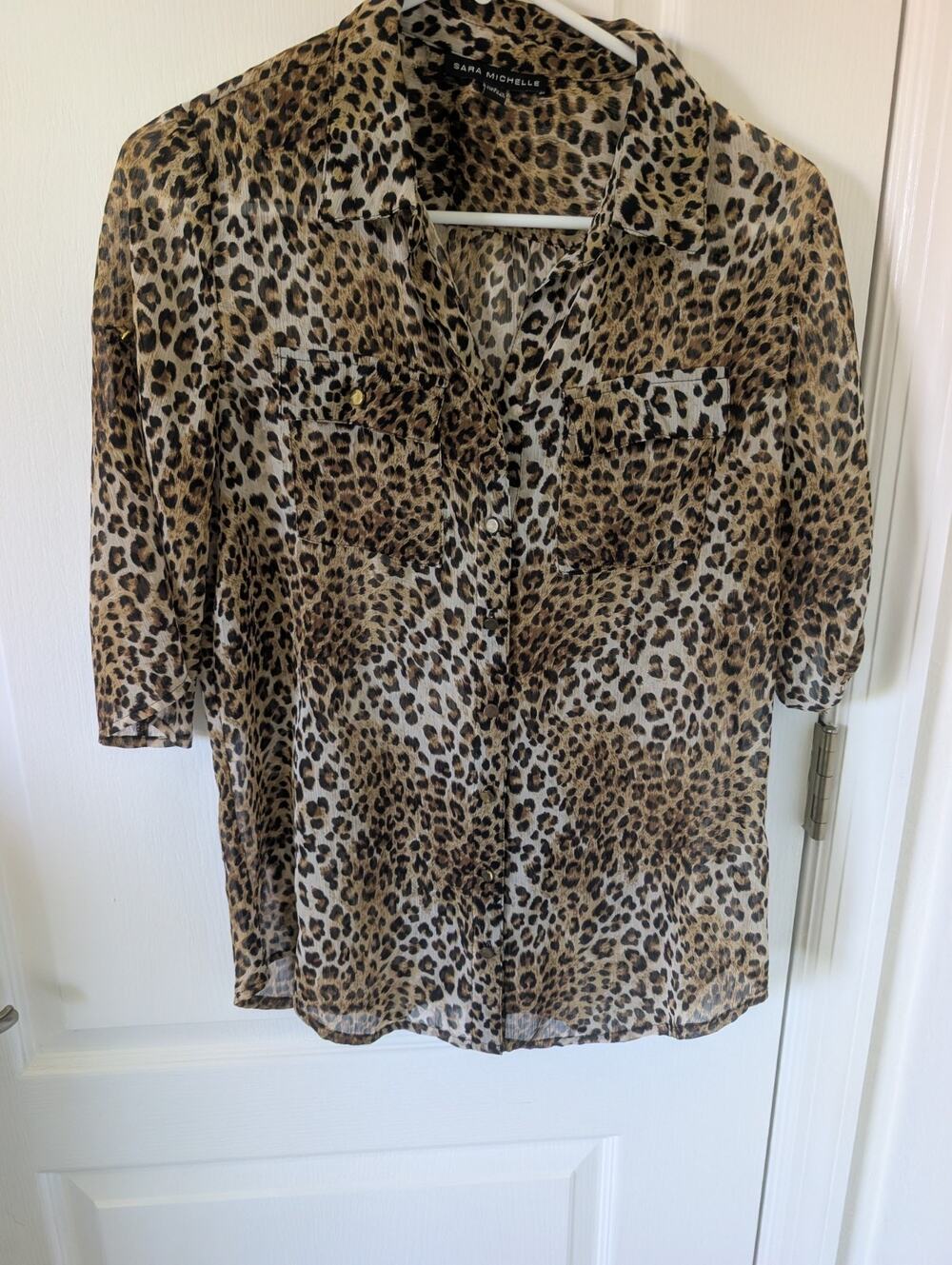Sara Michelle Sheer Cheetah Blouse , Chiffon Animal Print 3/4 button sleeve S